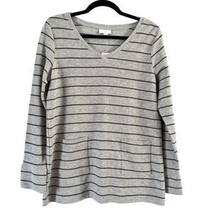 NWT J. Jill Gray Striped Waffle Knit Thermal Long Sleeve Thermal Top Pockets XS